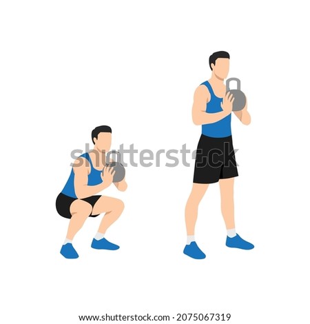 Man doing Smashbell training leg squat with kettlebell exercise. Flat vector illustration isolated on white background. workout character set
