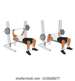 Man doing Smith machine barbell bench press flat vector illustration isolated on different layers