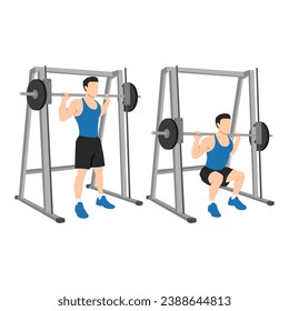 Man doing smith machine barbell squat exercise. Flat vector illustration isolated on white background