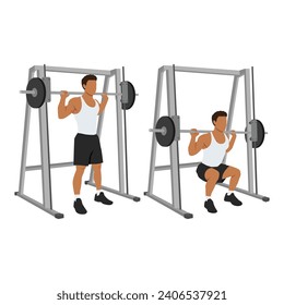 Man doing smith machine barbell squat exercise. Flat vector illustration isolated on white background