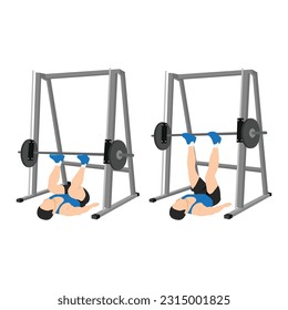 Man doing smith machine leg press exercise or reverse squat. Flat vector illustration isolated on white background 