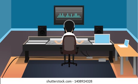 man doing some audio editing in his music room vector illustration