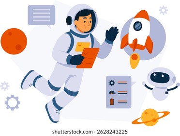 Man doing space travel with robot with flat design concept and modern style
