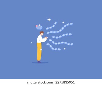 A man doing spam chat. sent a lot of comments. provide a large number of repeated comments. buzzers and spammers. social media and internet. illustration concept design. vector elements. blue