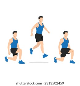 Man doing split alternating squat jumps exercise. Flat vector illustration isolated on white background