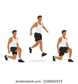 Man doing split alternating squat jumps exercise. Flat vector illustration isolated on white background