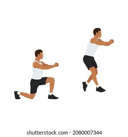 Man Doing Split Squat Jump Exercise. Flat Vector Illustration Isolated On White Background