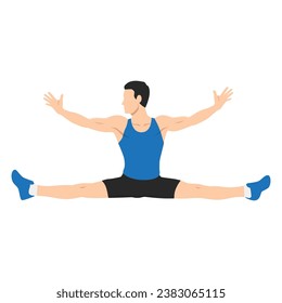 Man doing splits exercise or stretch. Flat vector illustration isolated on white background