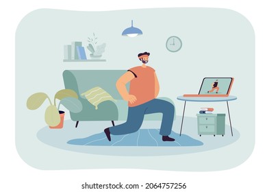 Man doing sport exercise on laptop online at home during lockdown because of coronavirus. Fit guy watching video or webinar doing virtual workout flat vector illustration. Training, self care concept