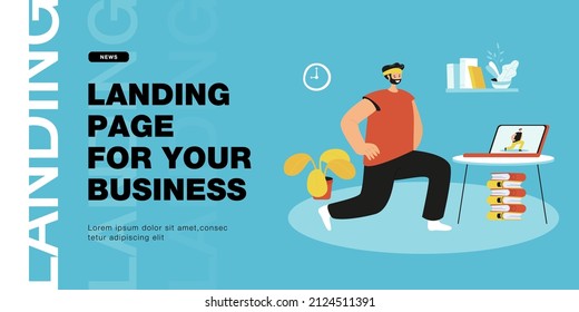 Man doing sport exercise on laptop online at home during lockdown because of coronavirus. Fit guy watching video or webinar doing virtual workout flat vector illustration. Training, self care concept