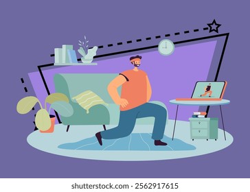 Man doing sport exercise on laptop online at home during lockdown because of coronavirus. Fit guy watching video or webinar doing virtual workout flat vector illustration. Training, self care concept