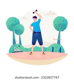 Un hombre haciendo ejercicio deportivo actividad de ocio libre al aire libre en ilustración plana de parque