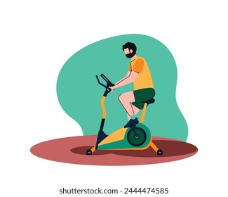 Man doing sport exercises using static bike. Vector illustration for sport and leisure activity 