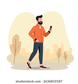 A man is doing sport with smart phone at the city park