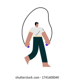 Man doing sport workout with jump rope at home during coronavirus epidemic