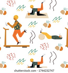 man doing sports and abstract shapes and lines around pattern. sports pattern for print vector flat style. 