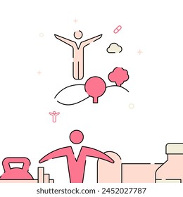 Man doing sports in nature filled line vector icon, simple illustration, related bottom border.