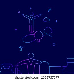 Man doing sports in nature gradient line vector icon, simple illustration on a dark blue background, fitness and healthy lifestyle related bottom border.