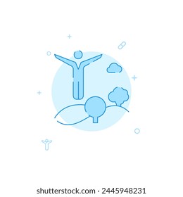 Hombre haciendo deporte en la naturaleza icono de Vector. Ilustración plana Estilo de línea relleno. Diseño monocromo en azul. Trazo editable. Ajuste el grosor de línea.