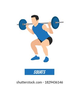 Man Doing Squat With Barbell Exercise. Flat Vector Illustration Isolated On White Background