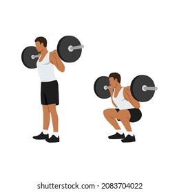 Man doing Squat with barbell exercise. Flat vector illustration isolated on white background