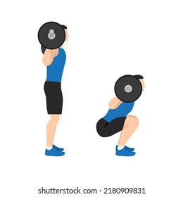 Man doing Squat with barbell exercise. Flat vector illustration isolated on white background