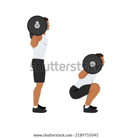 Man doing Squat with barbell exercise. Flat vector illustration isolated on white background