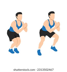 Man doing squat jacks or side sumo walks exercise. Flat vector illustration isolated on white background