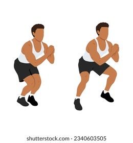 Man doing squat jacks or side sumo walks exercise. Flat vector illustration isolated on white background