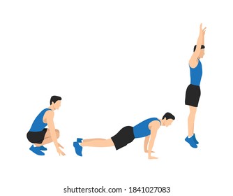 Man doing the Squat Thrust Burpee position in 3 steps exercise. Flat vector illustration isolated on white background