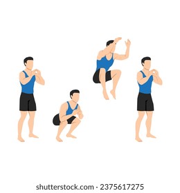 Man doing Squat tuck jump exercise. Flat vector illustration isolated on white background