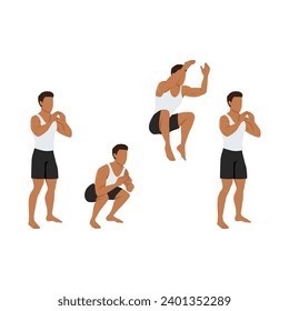 Man doing Squat tuck jump exercise. Flat vector illustration isolated on white background