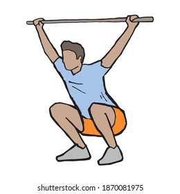 Man doing squats with bar in his hands hand drawn illustration. Male exercising in gym and working on his body and health.  