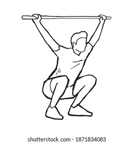 Man doing squats with bar in his hands hand drawn outline illustration. Male exercising in gym and working on his body and health. Gym indoor workout original symbol drawing decoration.