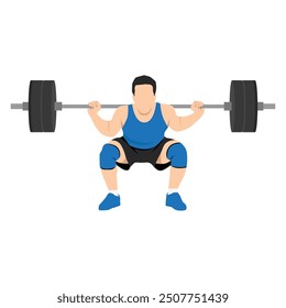 Man doing squats with barbell on neck back. Flat vector illustration isolated on white background