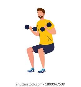man doing squats with dumbbells, exercise sport recreation vector illustration design