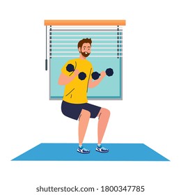 man doing squats with dumbbells in the house, exercise sport recreation vector illustration design