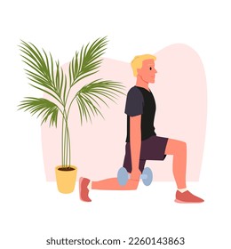Man doing squats exercises with dumbbells at home vector illustration. Cartoon person in sportswear squatting in step and holding weight, sport workout and active training of athlete in room