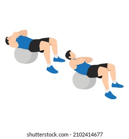 Man Doing Stability Swiss. Ball Crunches Exercise Flat Vector Isolated On White Background