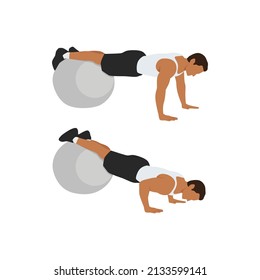 Man doing stability Swiss ball push up exercise. Flat vector illustration isolated on white background