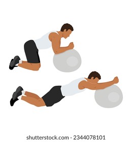 Man doing Stability or Swiss Ball Rollout exercise, Man workout fitness. Flat vector illustration isolated on white background