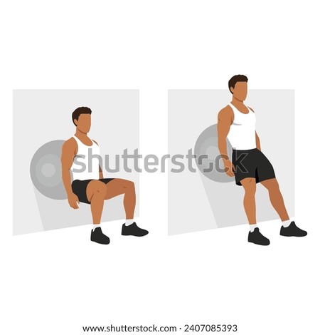 Man doing Stability or Swiss ball wall squat exercise. Flat vector illustration isolated on white background