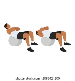 Man doing stability,swiss,exercise ball crunches exercise Flat vector isolated on white background