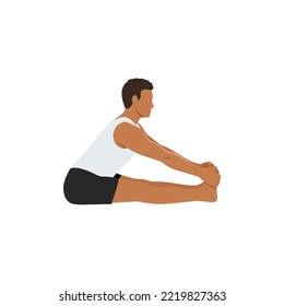 Man doing Staff Hand To Big Toe Pose I. Practice Padangustha Dandasana I. Flat vector illustration isolated on white background