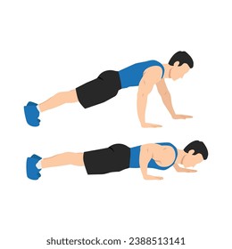 Man doing staggered hand push up exercise. Flat vector illustration isolated on white background