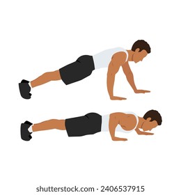 Man doing staggered hand push up exercise. Flat vector illustration isolated on white background