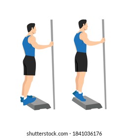 Man doing stand on a step so heel can drop lower than the rest of foot at the bottom of the movement. with Calf raises posture. Flat vector illustration isolated on white background