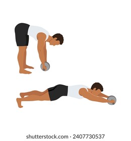 Man doing standing abdominal roller exercise side view. Flat vector illustration isolated on white background