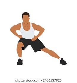 Man doing standing adductor or adduction stretch exercise. Flat vector illustration isolated on white background