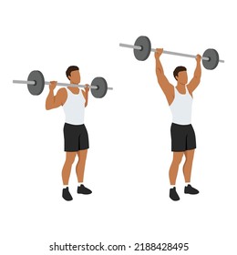 Man doing Standing barbell shoulder press exercise. Flat vector illustration isolated on white background